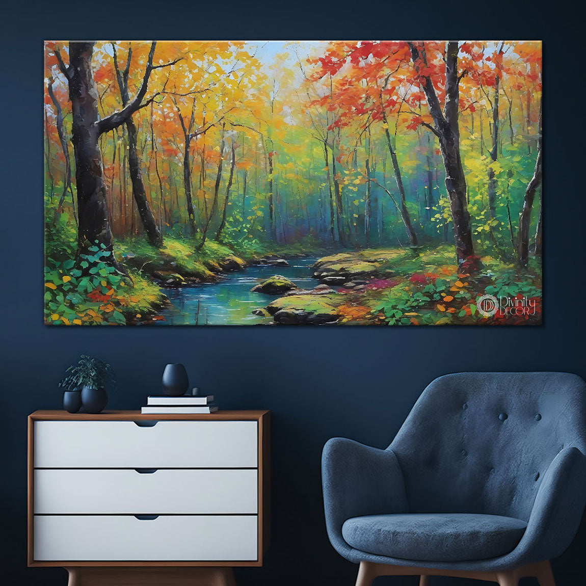 Yellow and orange trees with lake in textured painting Canvas Painting - Nature Art -118