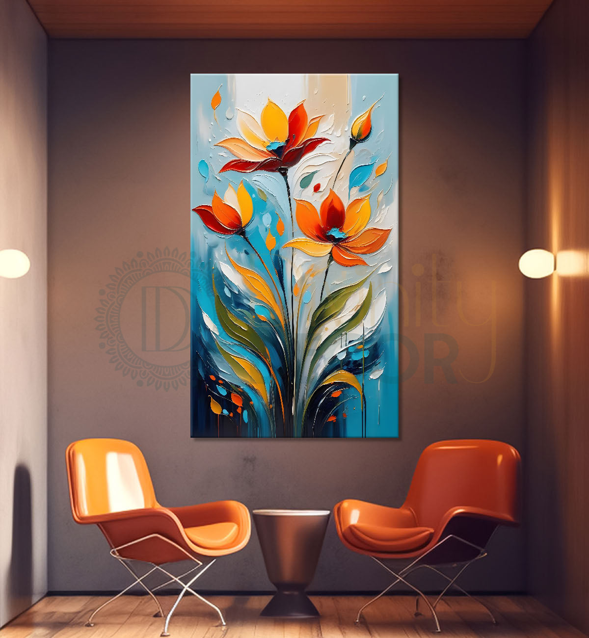Orange flowers in blue textured painting- Flower-V-118