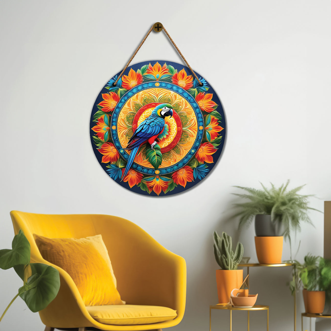 Parrot in blue and orange mandala Round Wooden Wall Hanging for wall Décor - Design - 118