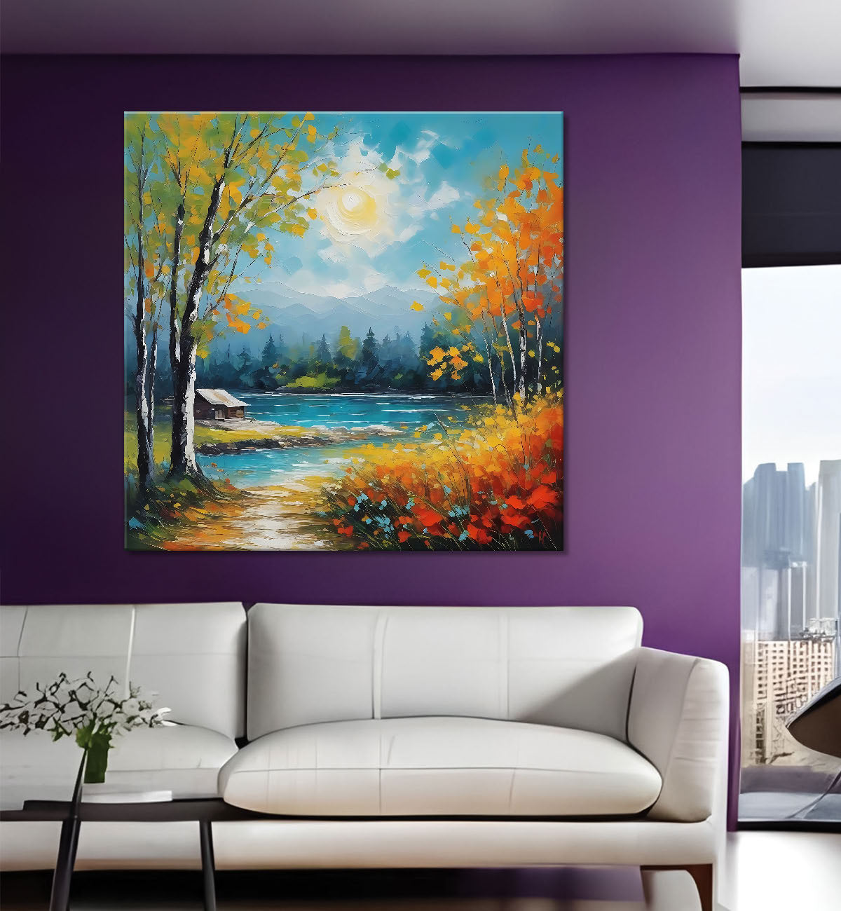 Colourful trees with lake painting 24X24 - Nature Art -S-118