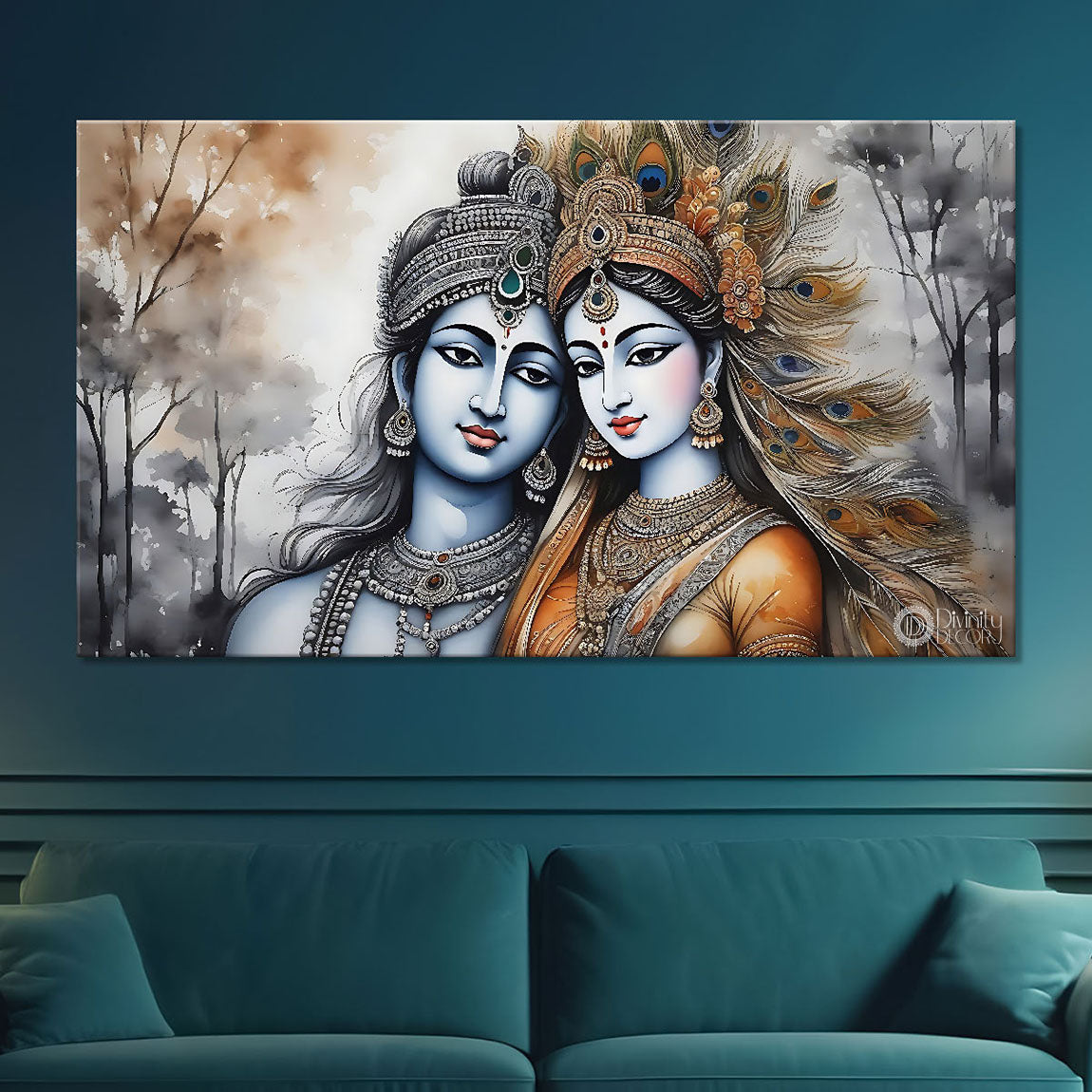 Krishna and Radha with off white background painting Canvas Painting - Design - Krishna-119