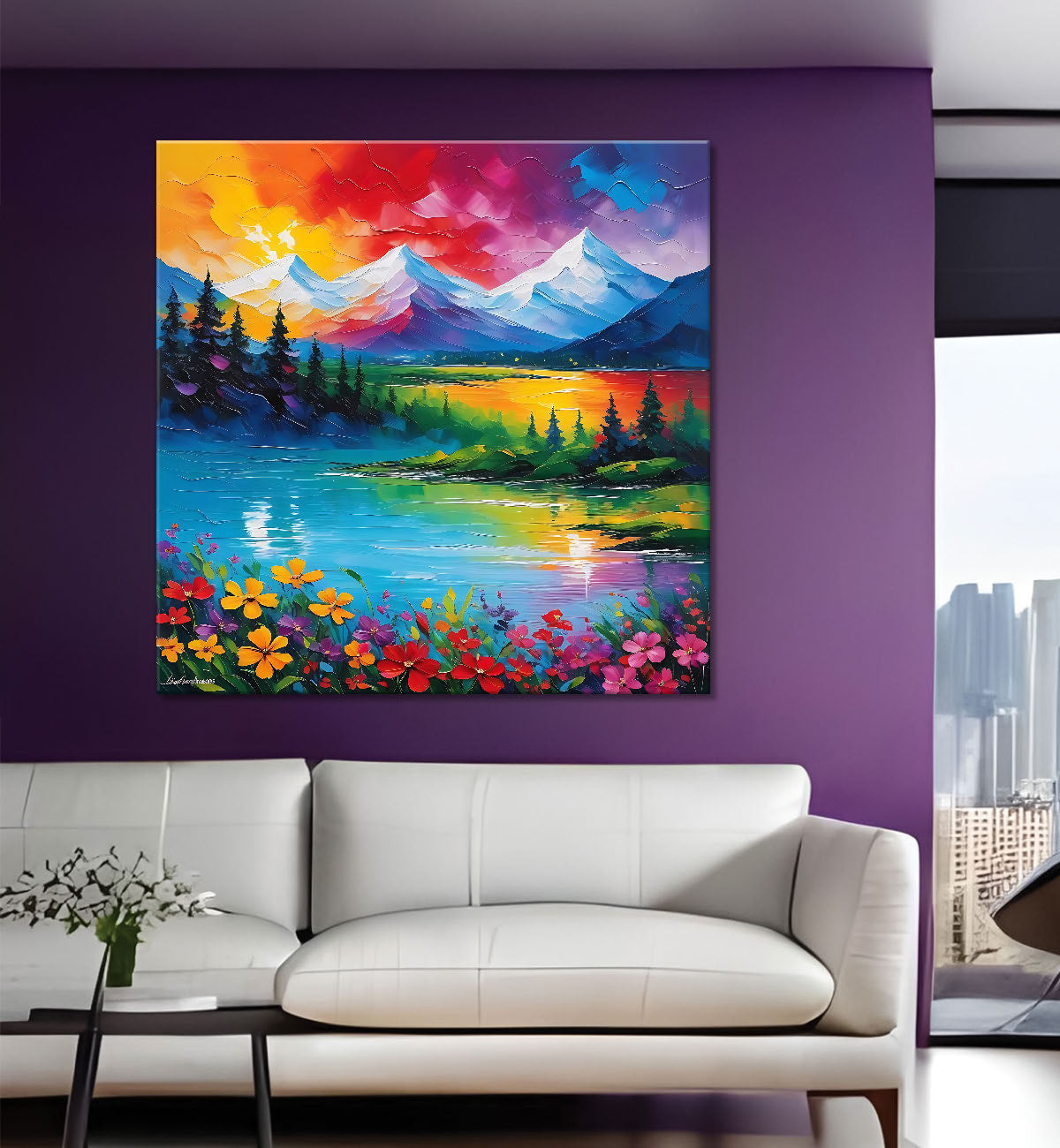 Colourful mountains with flower painting 24X24 - Nature Art -S-119