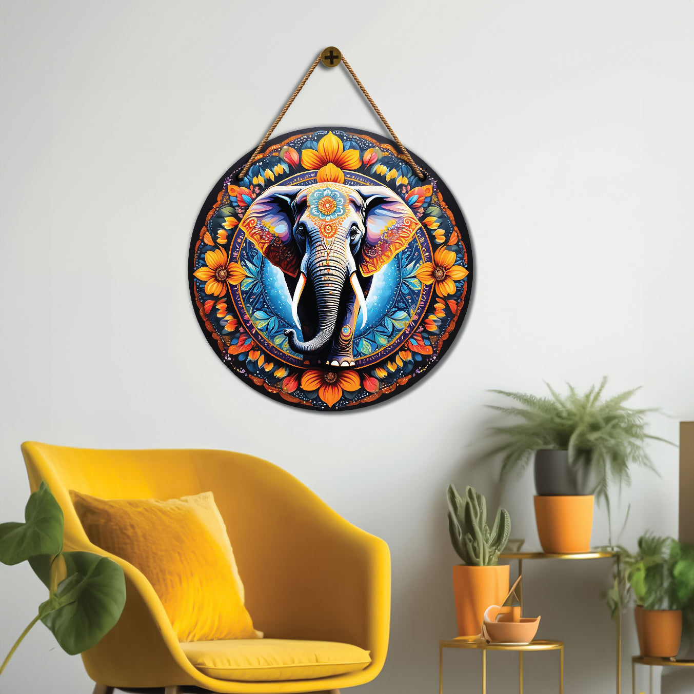 Elephant in blue and yellow mandala Round Wooden Wall Hanging for wall Décor - Design - 119