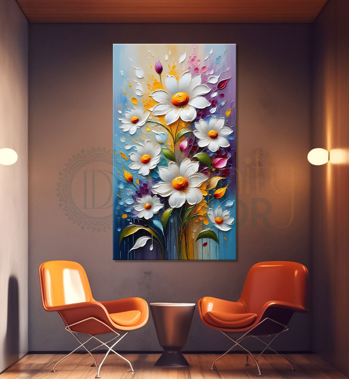 White flower in colourful textured painting- Flower-V-119