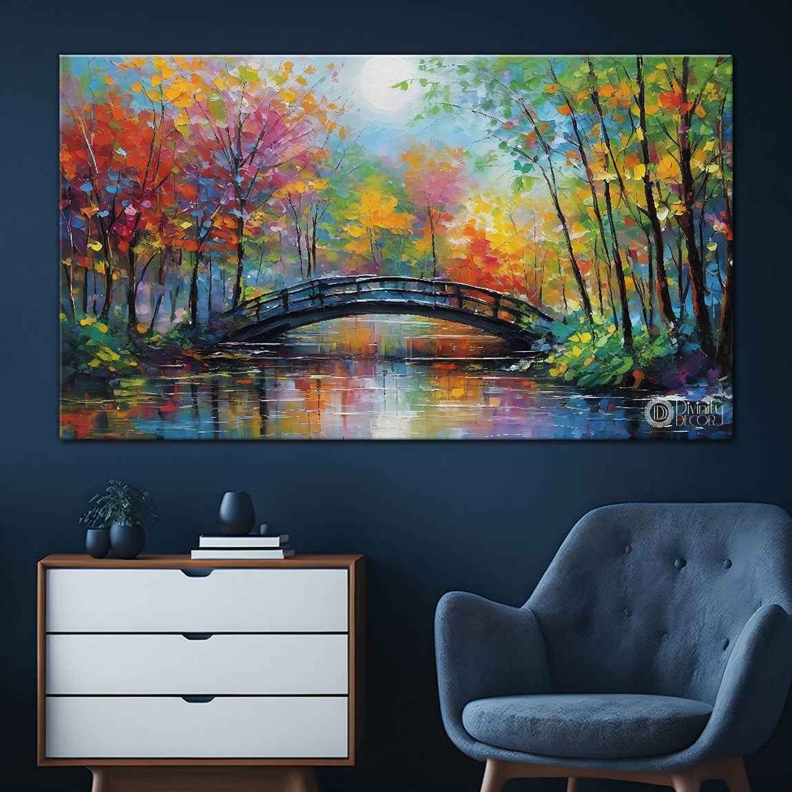 Colorful trees with bridge in textured painting Canvas Painting - Nature Art -119