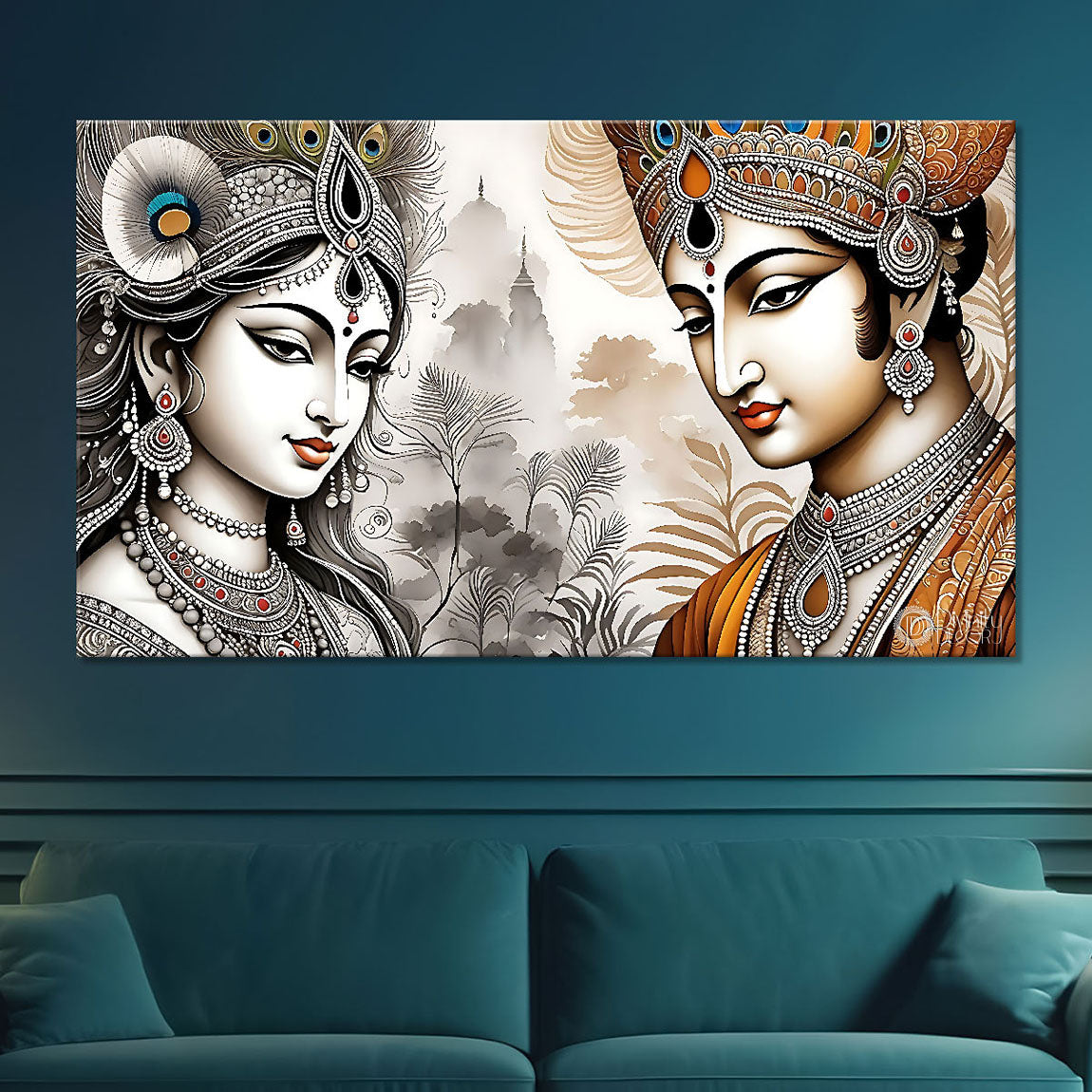 Krishna and Radha with off white background painting Canvas Painting - Design - Krishna-120