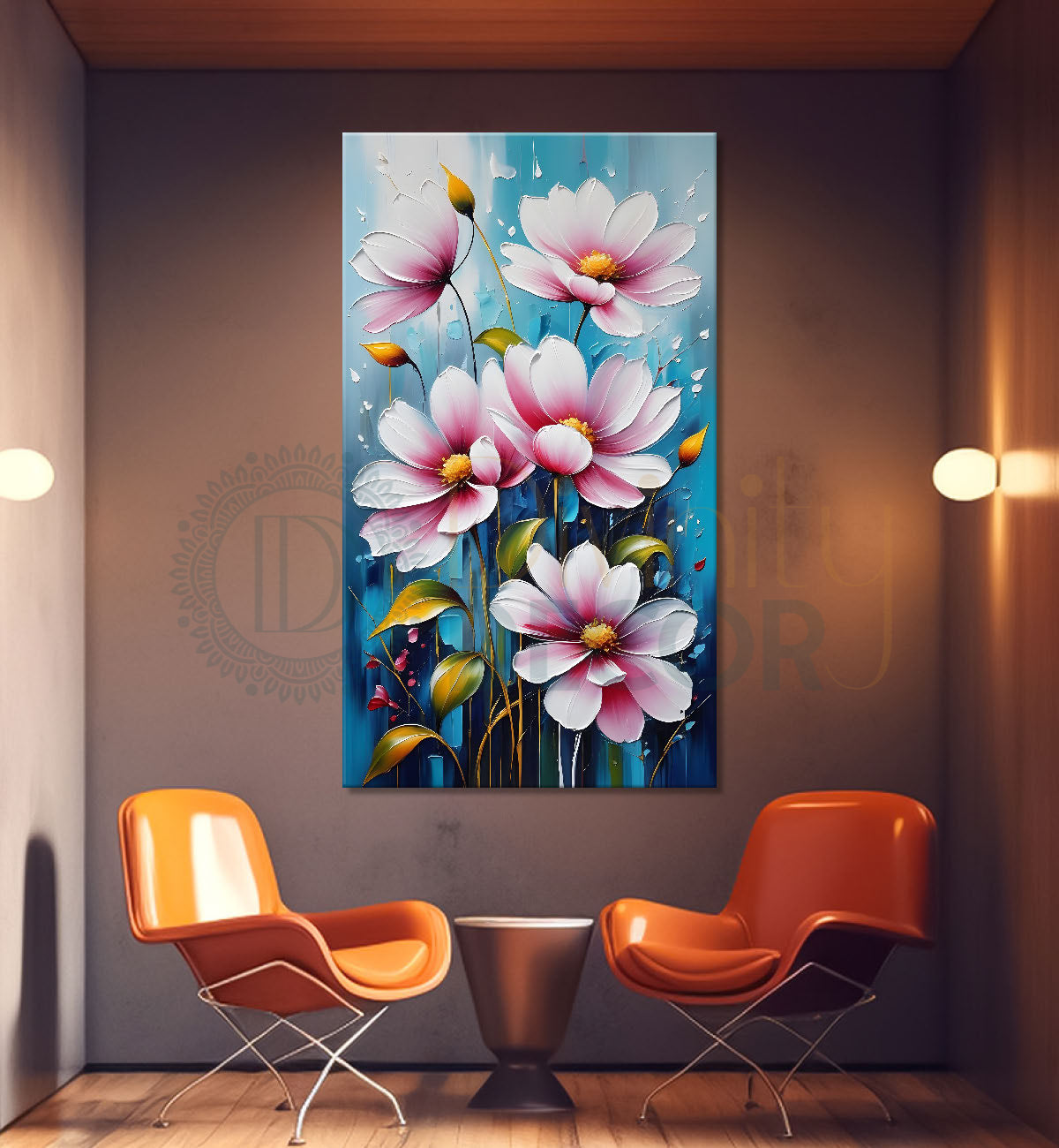 Pink flowers in blue textured background painting- Flower-V-120