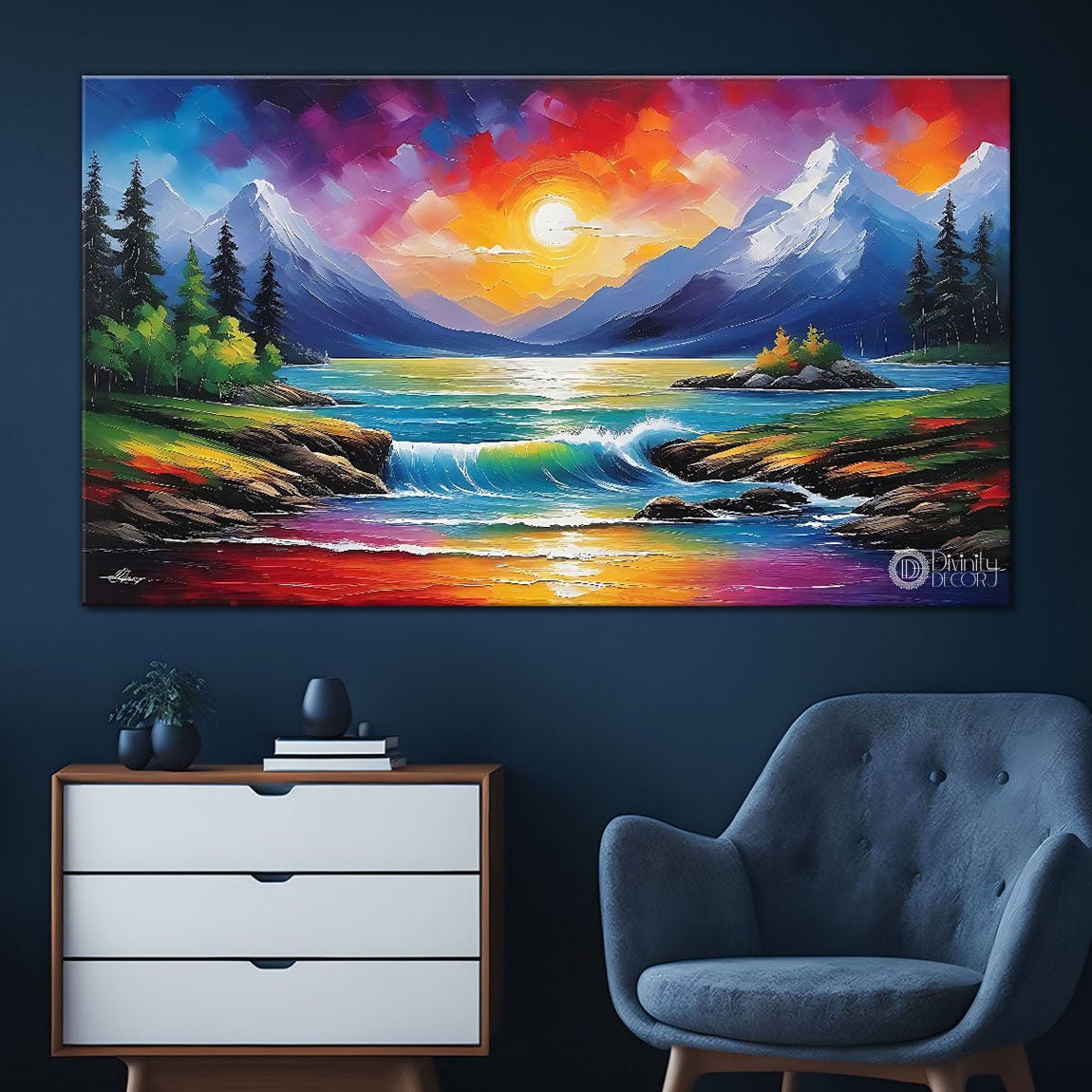 Mountains with river in colorful textured natural art Canvas Painting - Nature Art -120