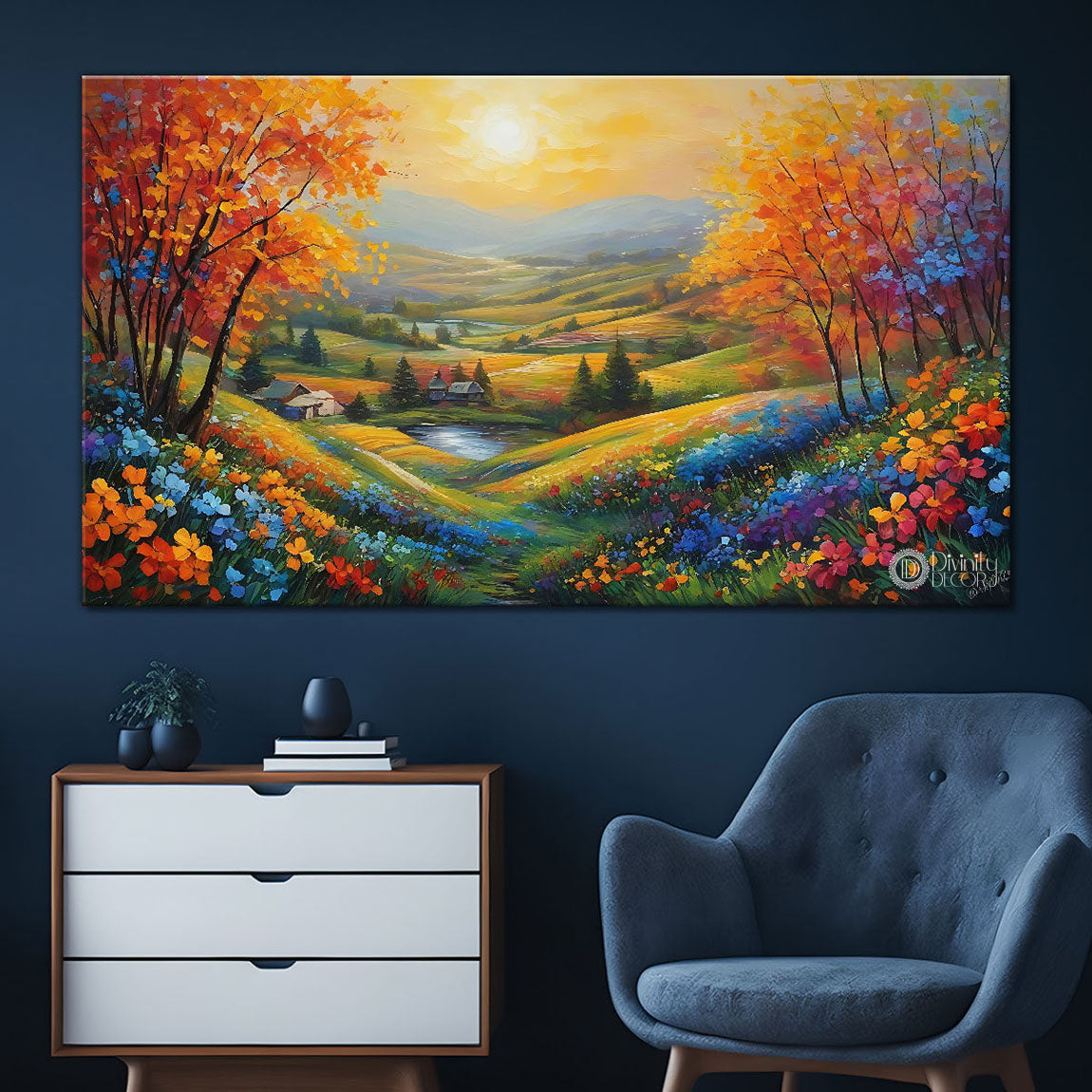 colorful trees with land slides and houses in textured water color art Canvas Painting - Nature Art -121