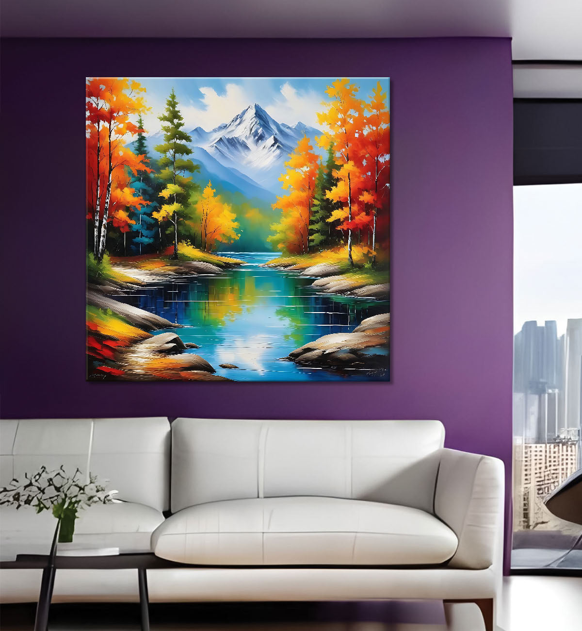 Colourful trees with lake painting 24X24 - Nature Art -S-121