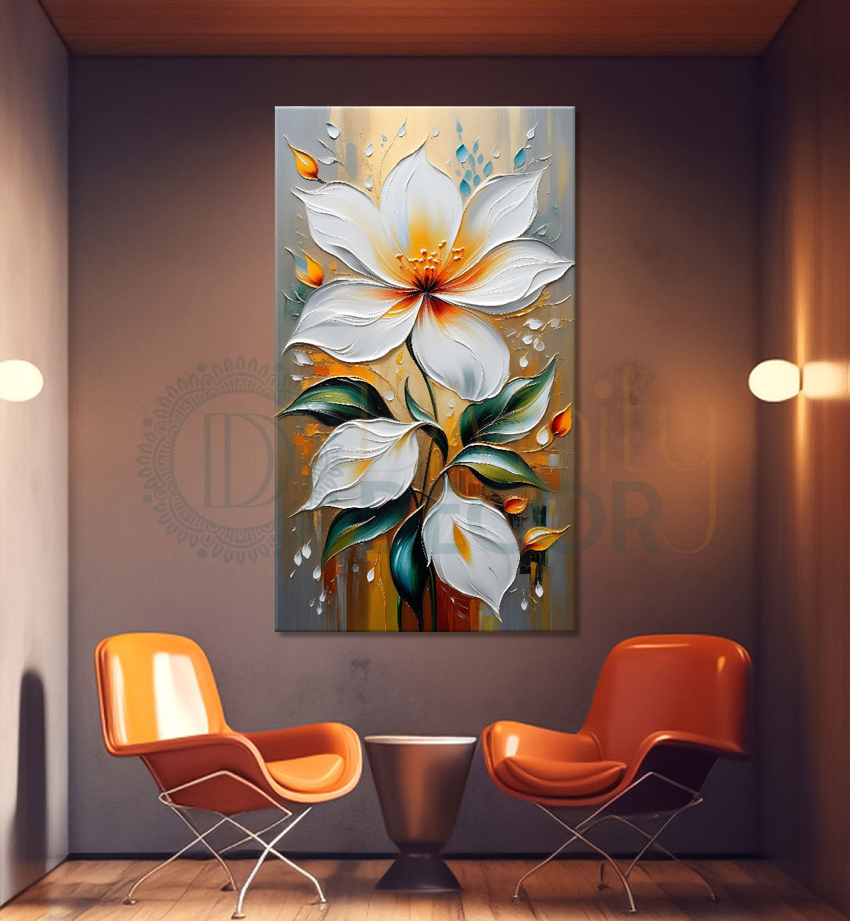 White flower in light brown textured painting- Flower-V-121