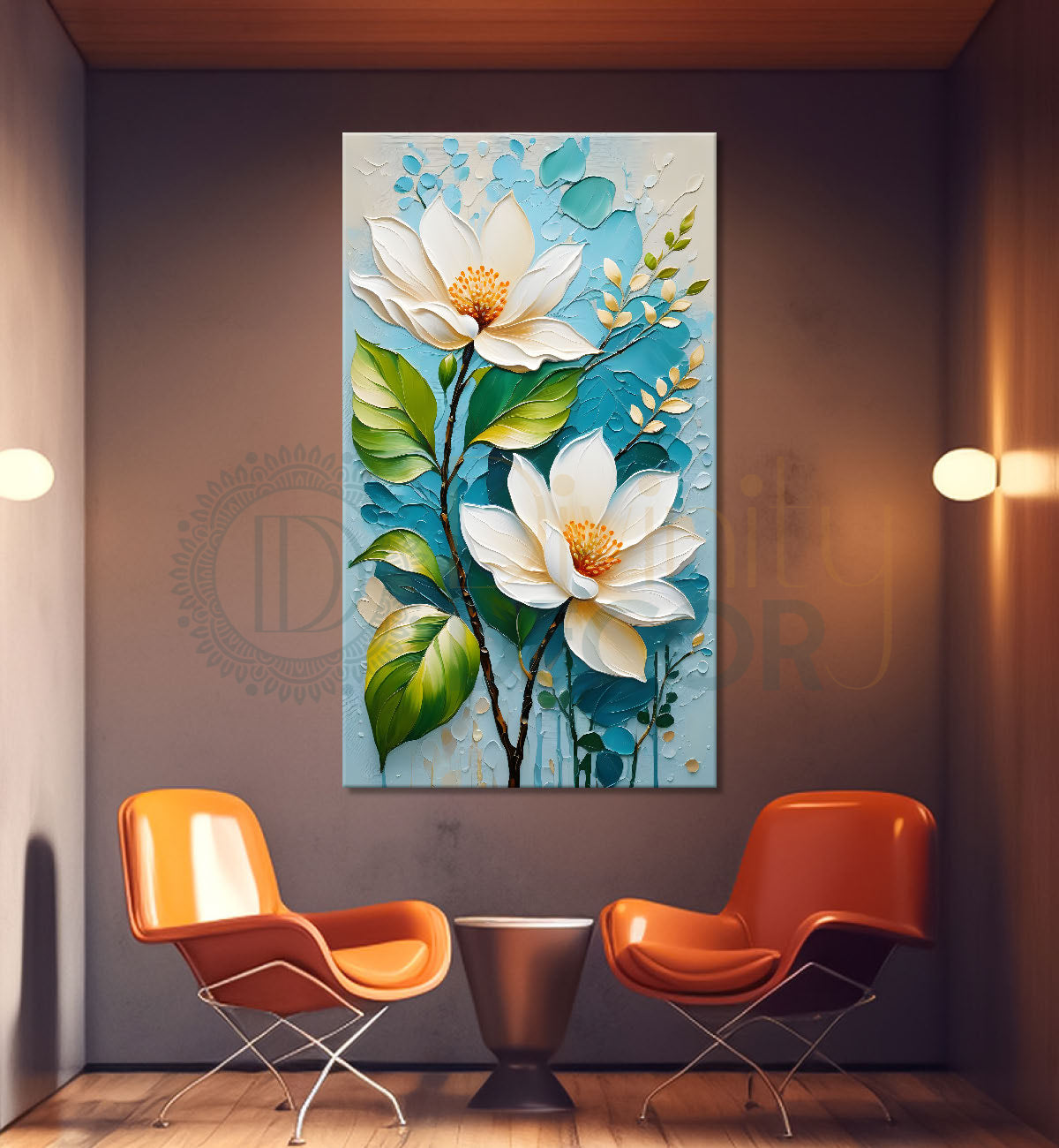 White flowers in sky blue textured background painting- Flower-V-122