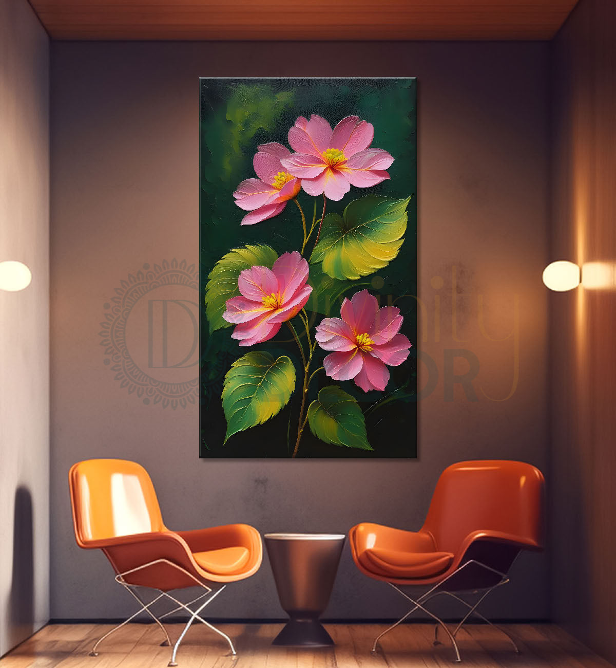 Pink flowers in green textured background painting- Flower-V-123