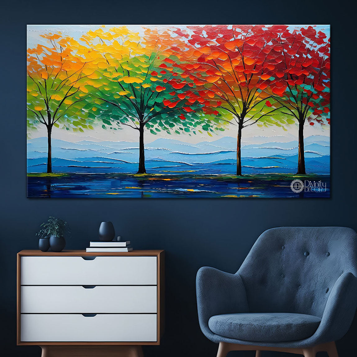 colorful trees with blue background in textured art Canvas Painting - Nature Art -123