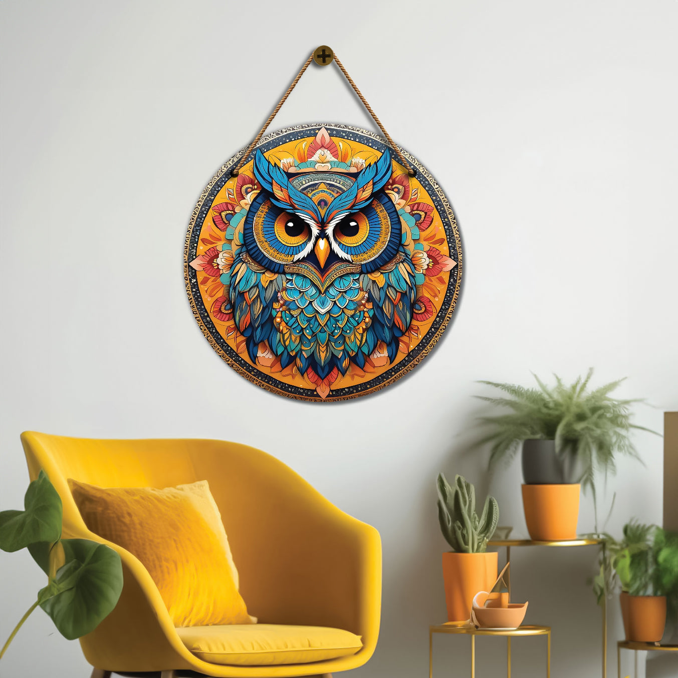 Owl in blue and orange mandala Round Wooden Wall Hanging for wall Décor - Design - 123