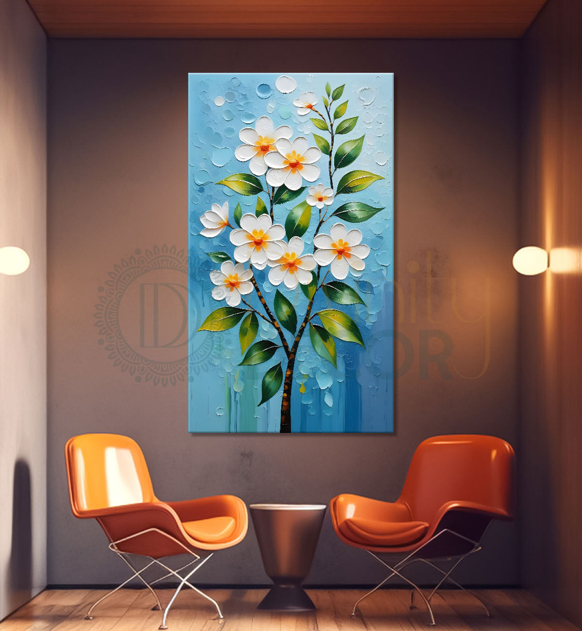 White flowers in sky blue textured background painting- Flower-V-124