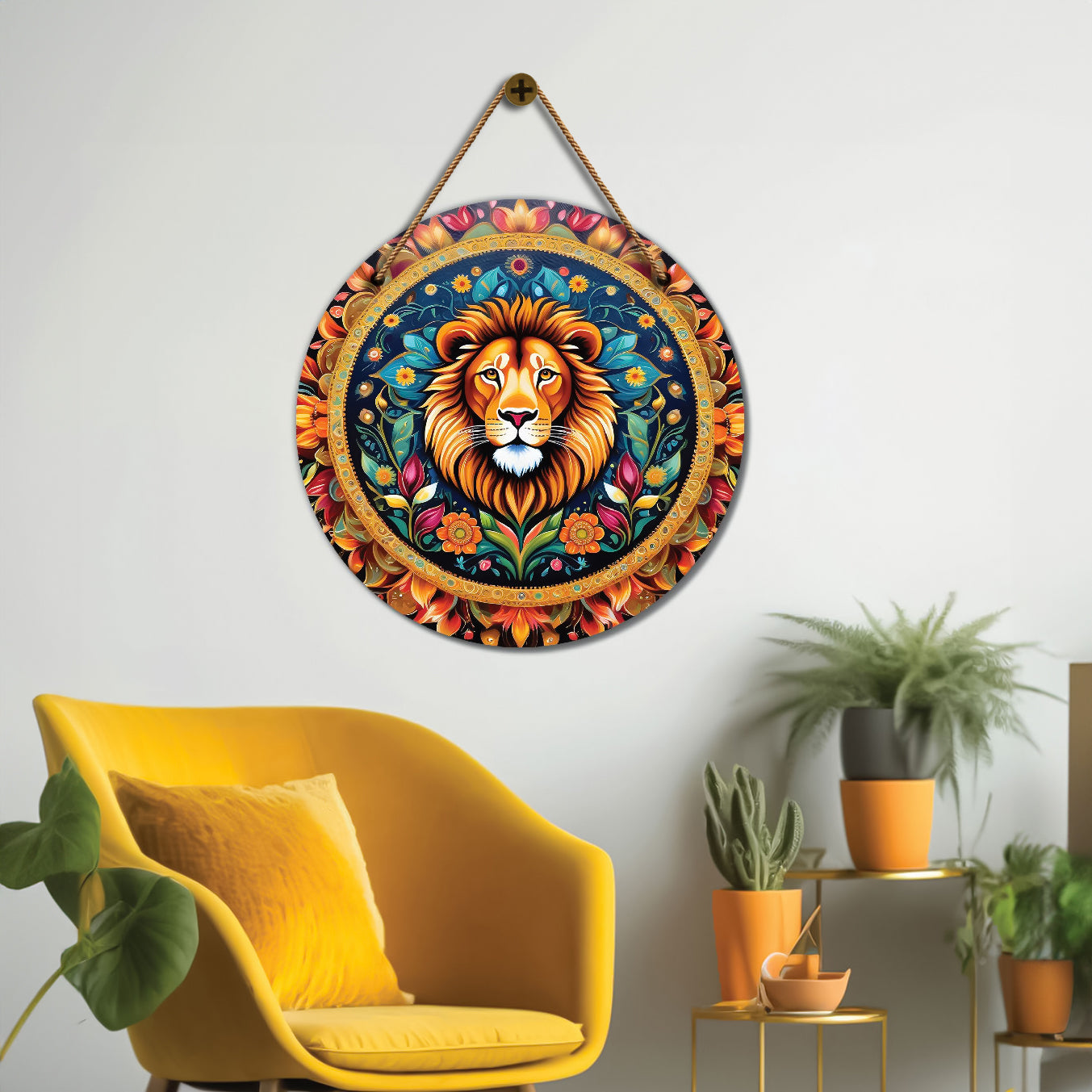 Lion in blue and orange mandala Round Wooden Wall Hanging for wall Décor - Design - 124