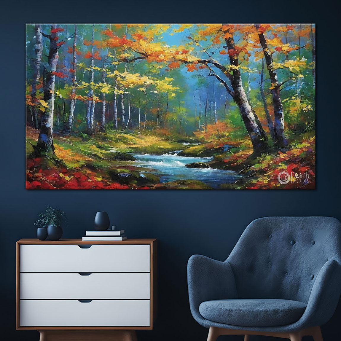 Trees and lake in textured painting Canvas Painting - Nature Art -124