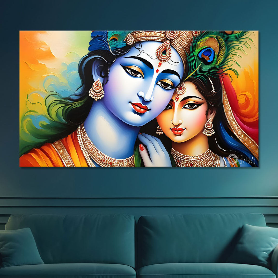 Blue face of Krishna and Radha with yellow background painting Canvas Painting - Design - Krishna-125
