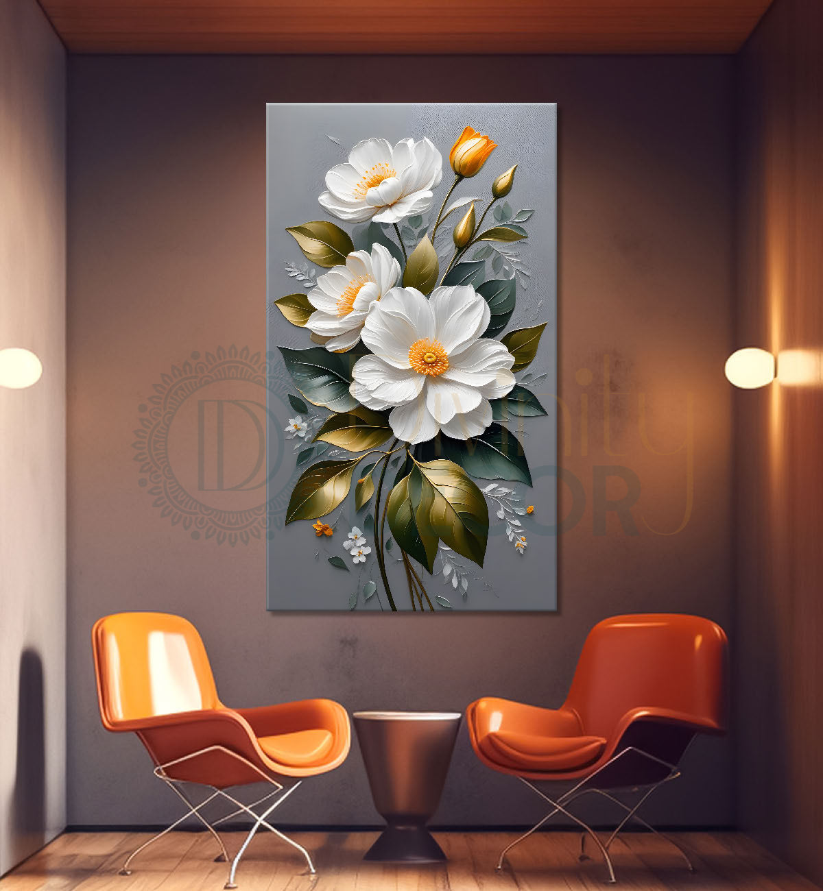 White flowers in grey textured background painting- Flower-V-125