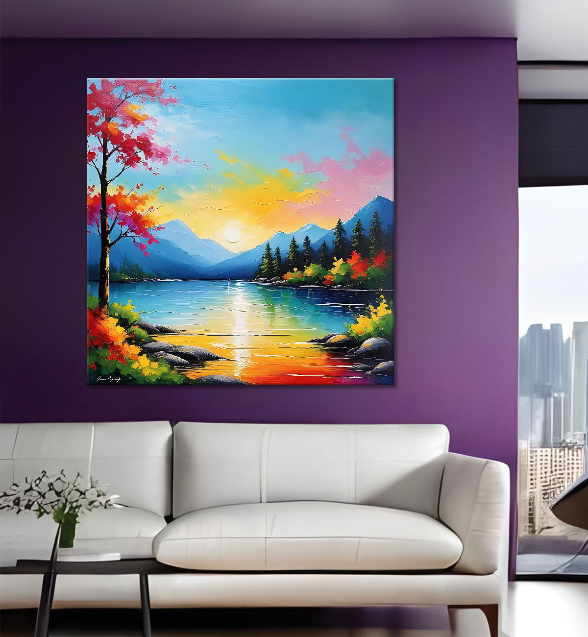 Mountains and trees with sunrise painting  24X24 - Nature Art -S-125