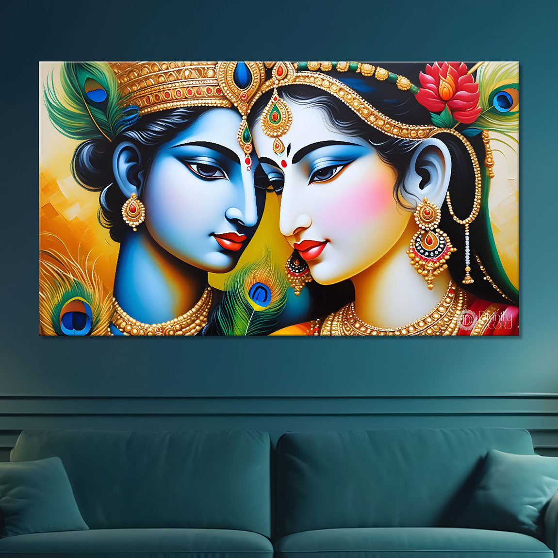 Blue face of Krishna and Radha with yellow background painting Canvas Painting - Design - Krishna-126