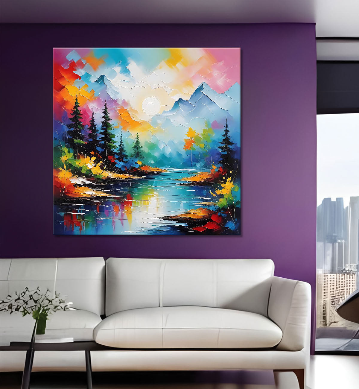 Mountains with trees and river water colour painting 24X24  - Nature Art -S-126