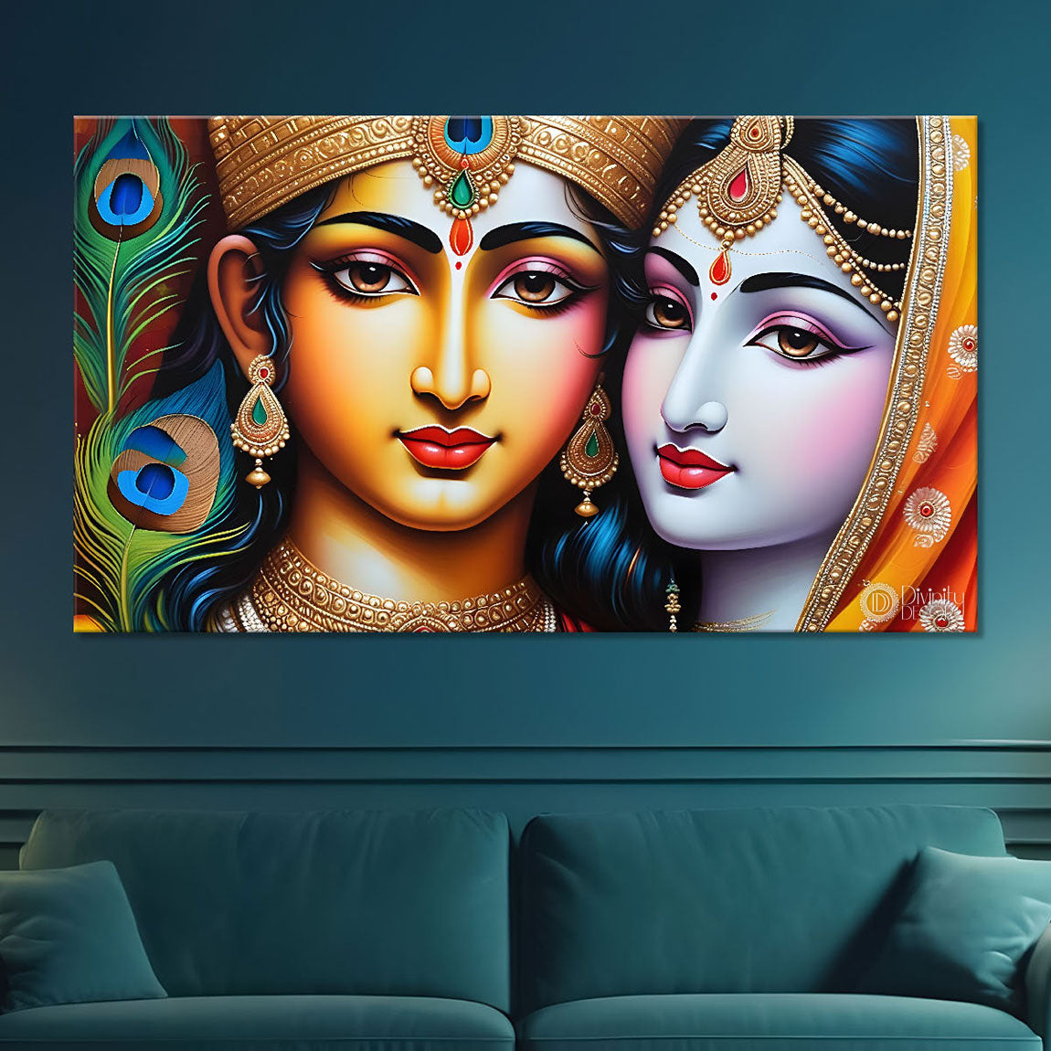 Blue face of Krishna and Radha with peacock feather background painting Canvas Painting - Design - Krishna-127
