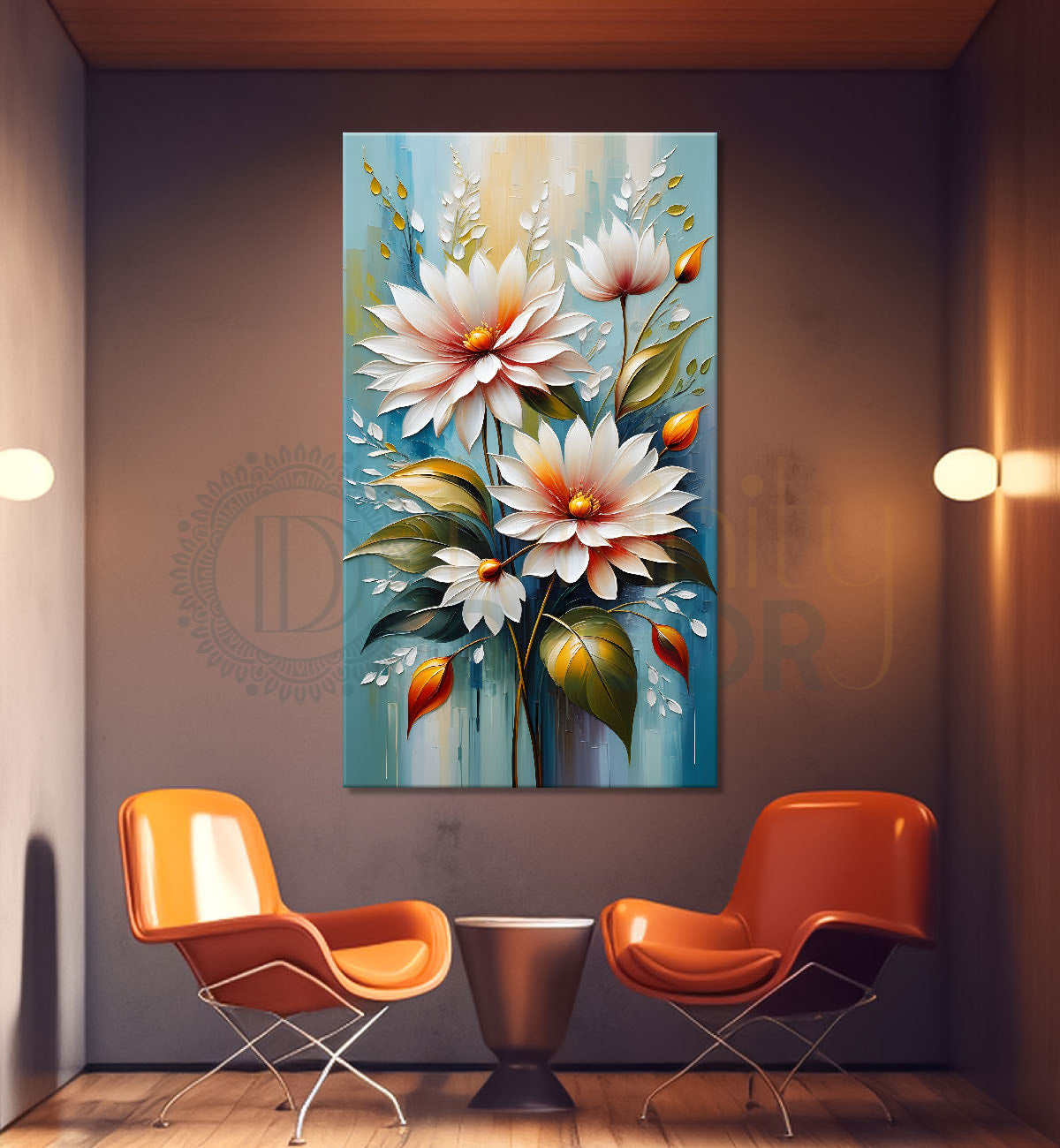 Pink flowers in sky blue textured background painting- Flower-V-127