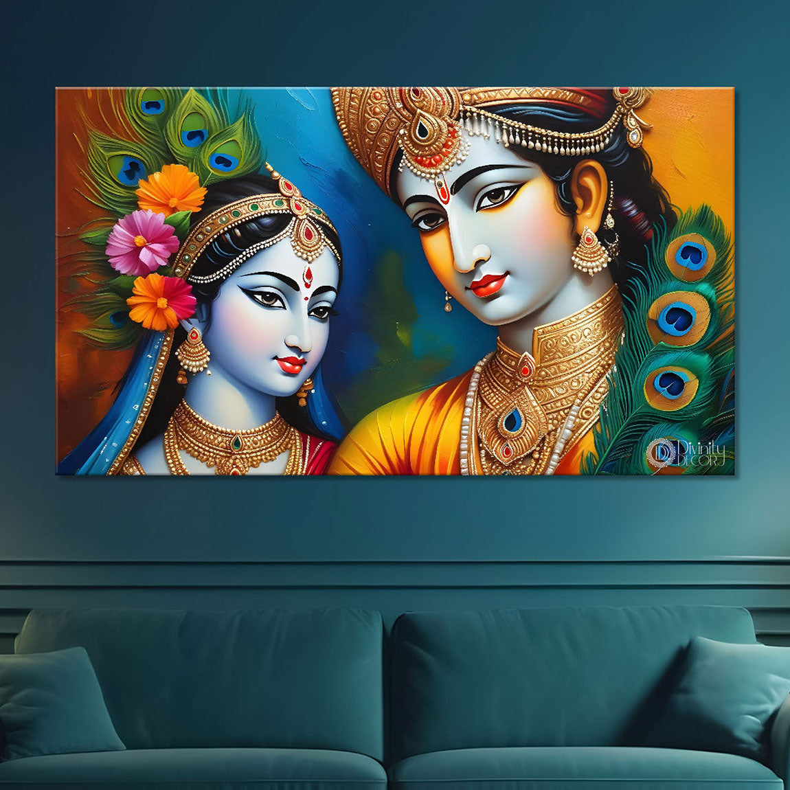 Blue face of Krishna and Radha with blue background painting Canvas Painting - Design - Krishna-128