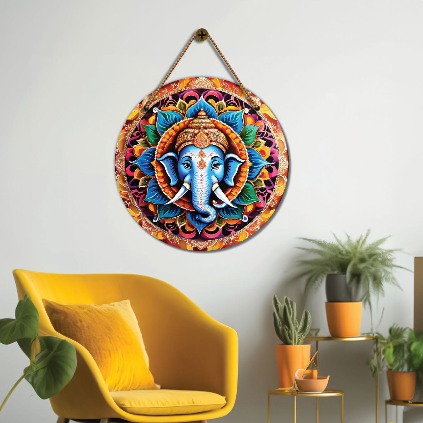 Ganesh Ji in blue and red mandala Round Wooden Wall Hanging for wall Décor - Design - 128
