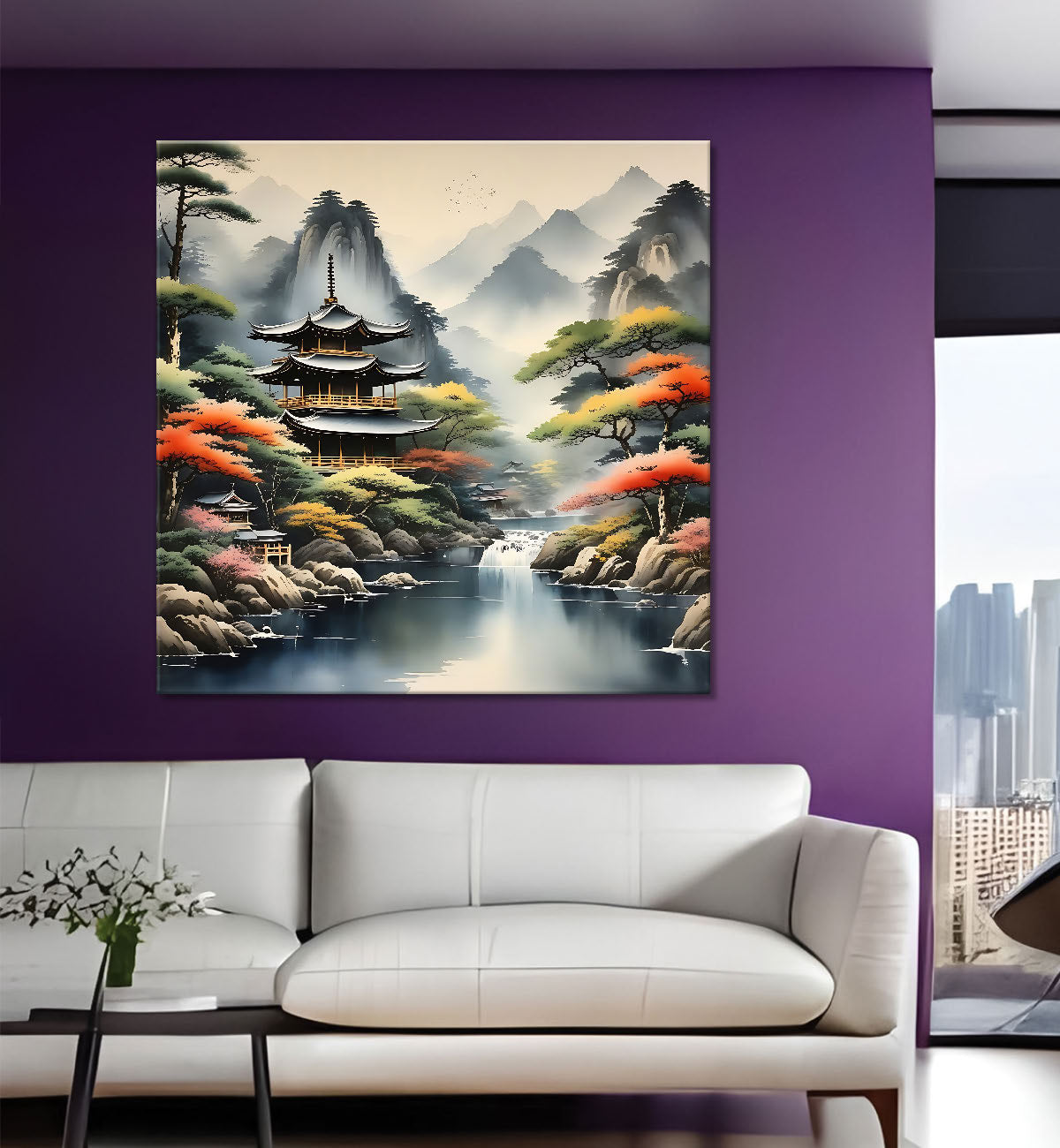 Mountains with tree and river painting  24X24 - Nature Art -S-128