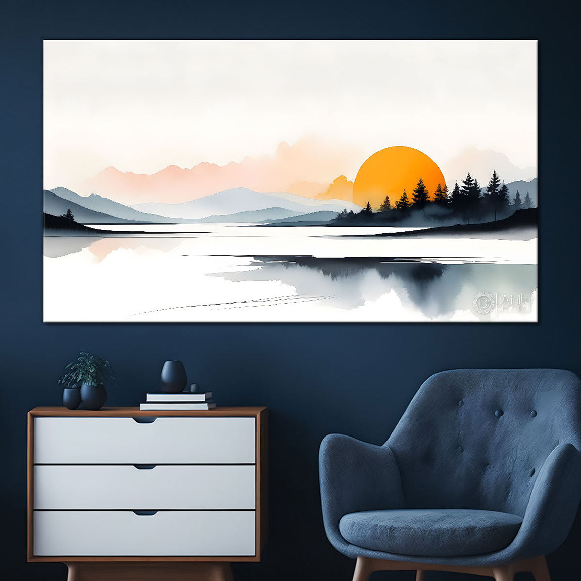 Mountains with trees and river in sunset in textured water color painting Canvas Painting - Nature Art -128