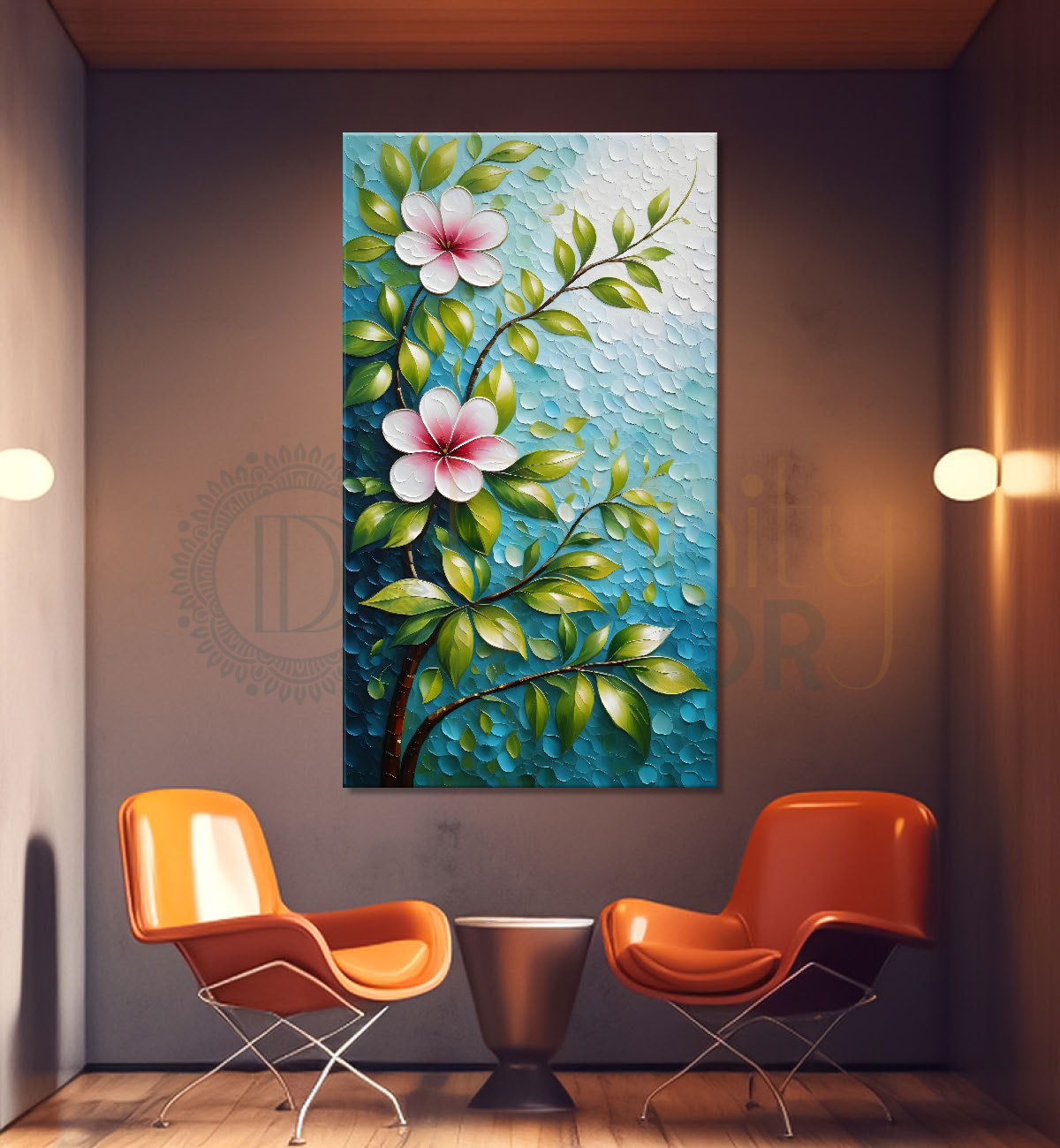 White flowers in sky blue textured background painting- Flower-V-128