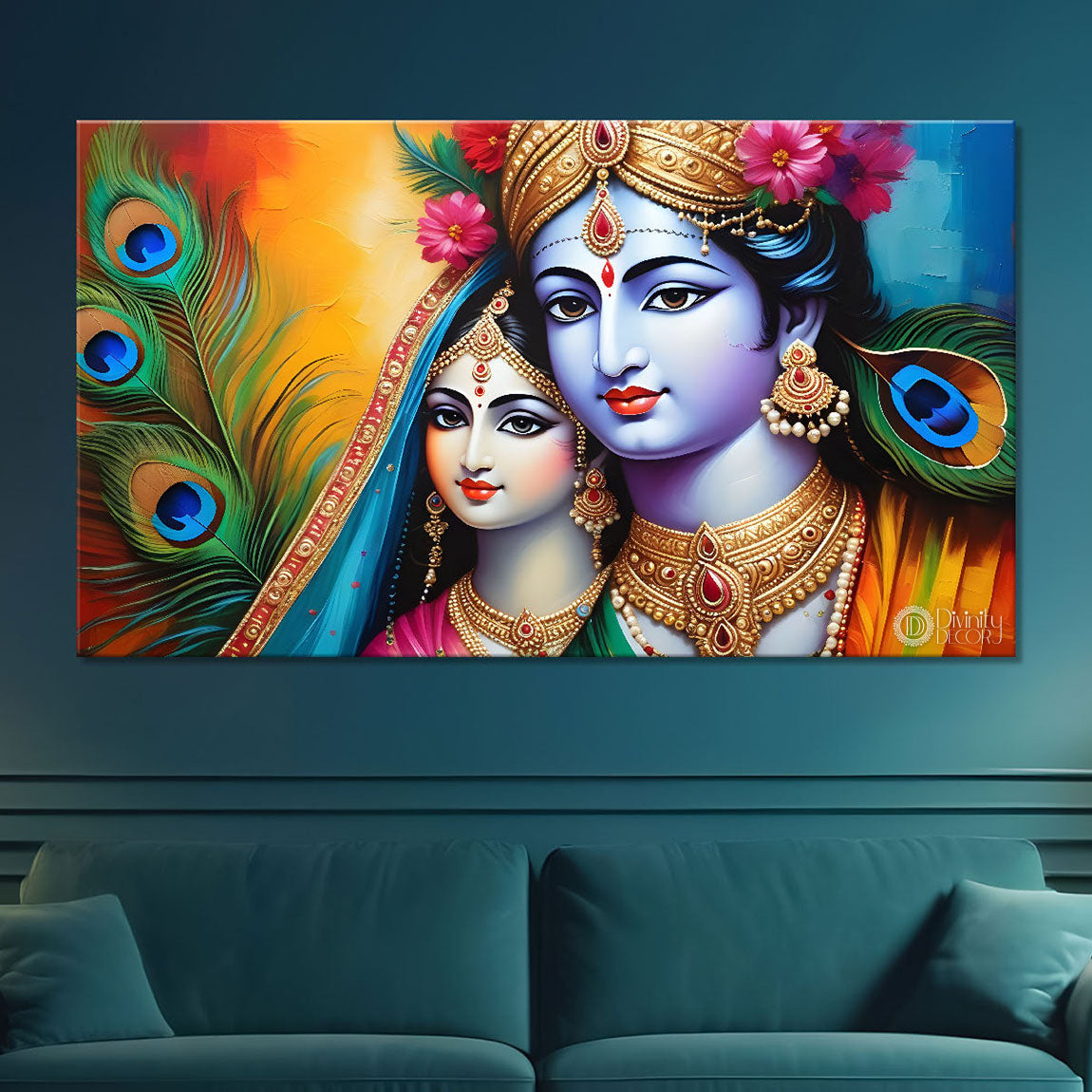 Blue face of Krishna and Radha with yellow and peacock feather background painting Canvas Painting - Design - Krishna-129