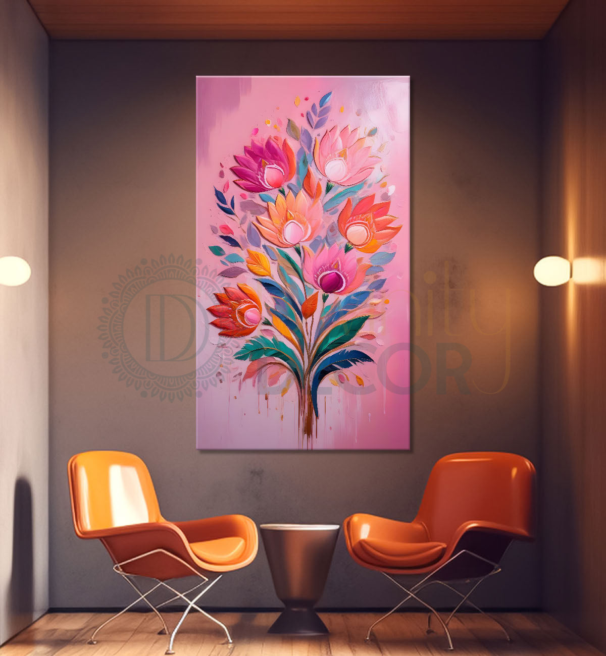 Pink flowers in pink textured background painting- Flower-V-129