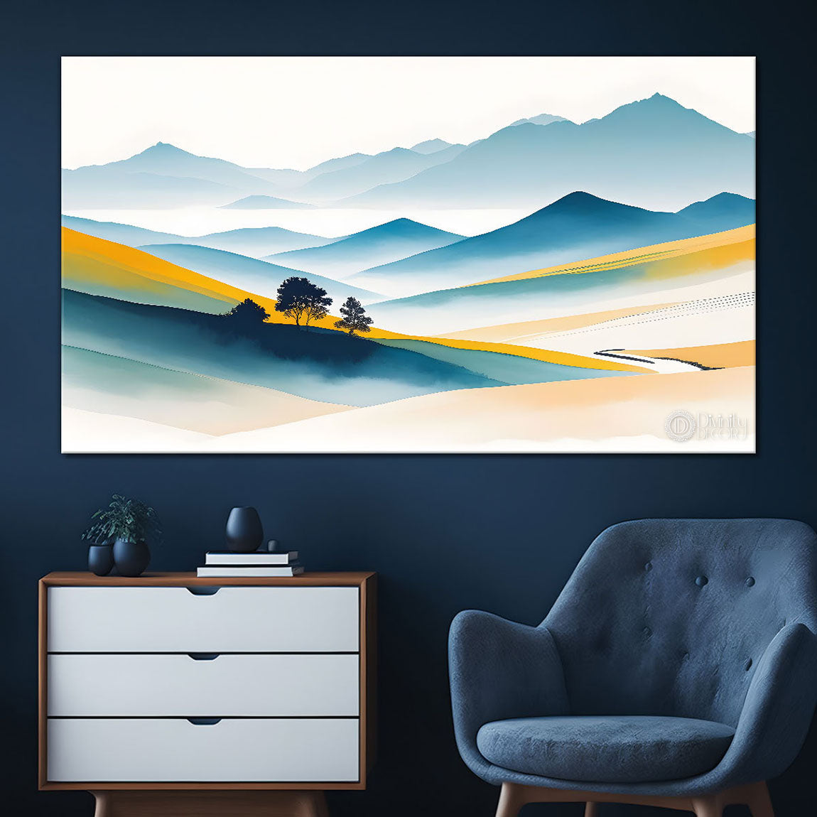 Mountains with trees in textured water color painting Canvas Painting - Nature Art -129