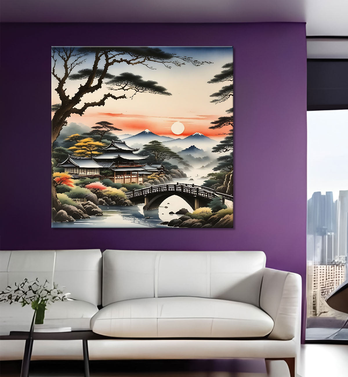 Trees with bridge and sunset painting  24X24 - Nature Art -S-129