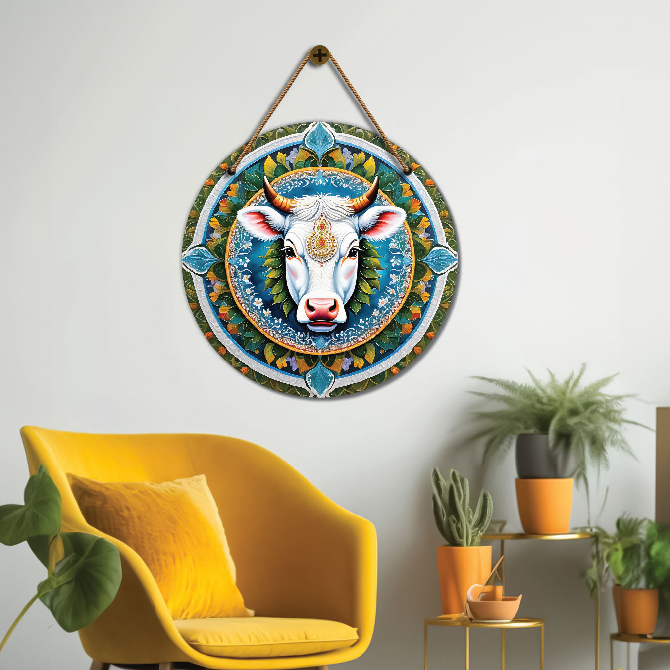 Cow in green and blue mandala Round Wooden Wall Hanging for wall Décor - Design - 129