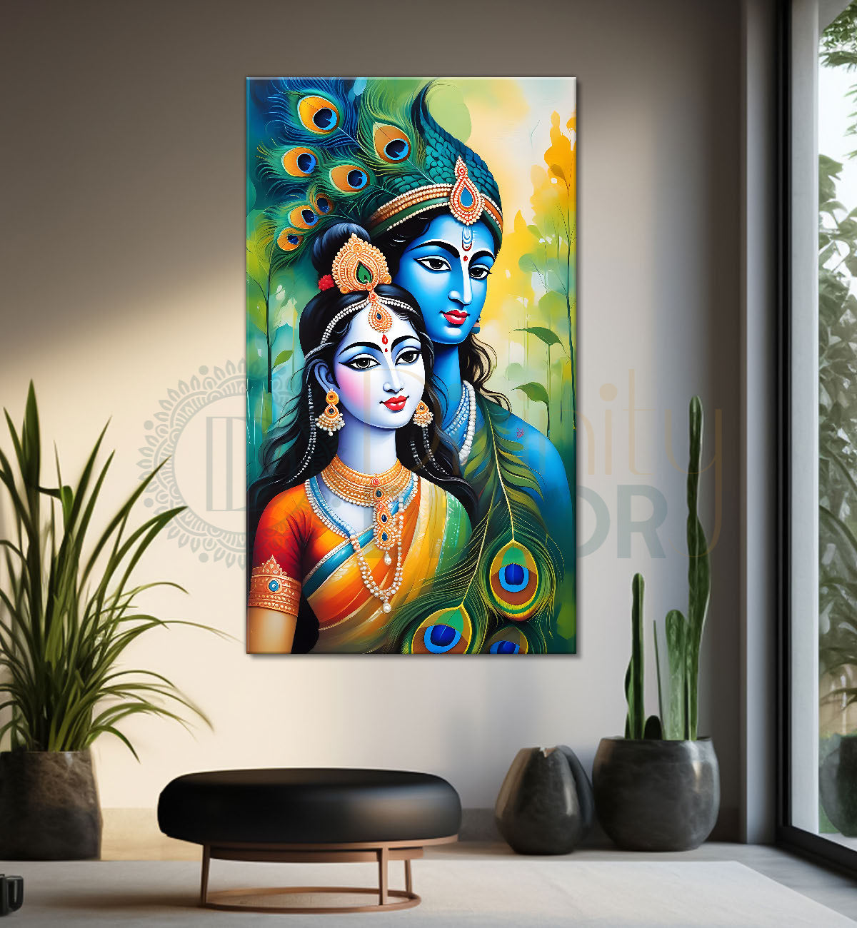 Blue face of krishna with radha in peacock feathers background textured art Canvas Painting - Design - Krishna-V-12