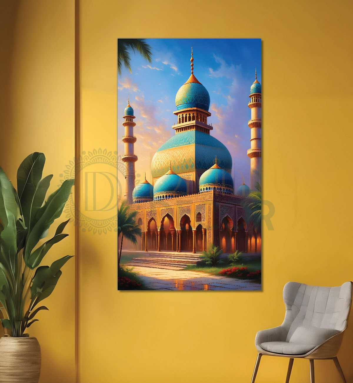 Golden islamic mosque with blue background oil painting - Islamic paintings-V-12