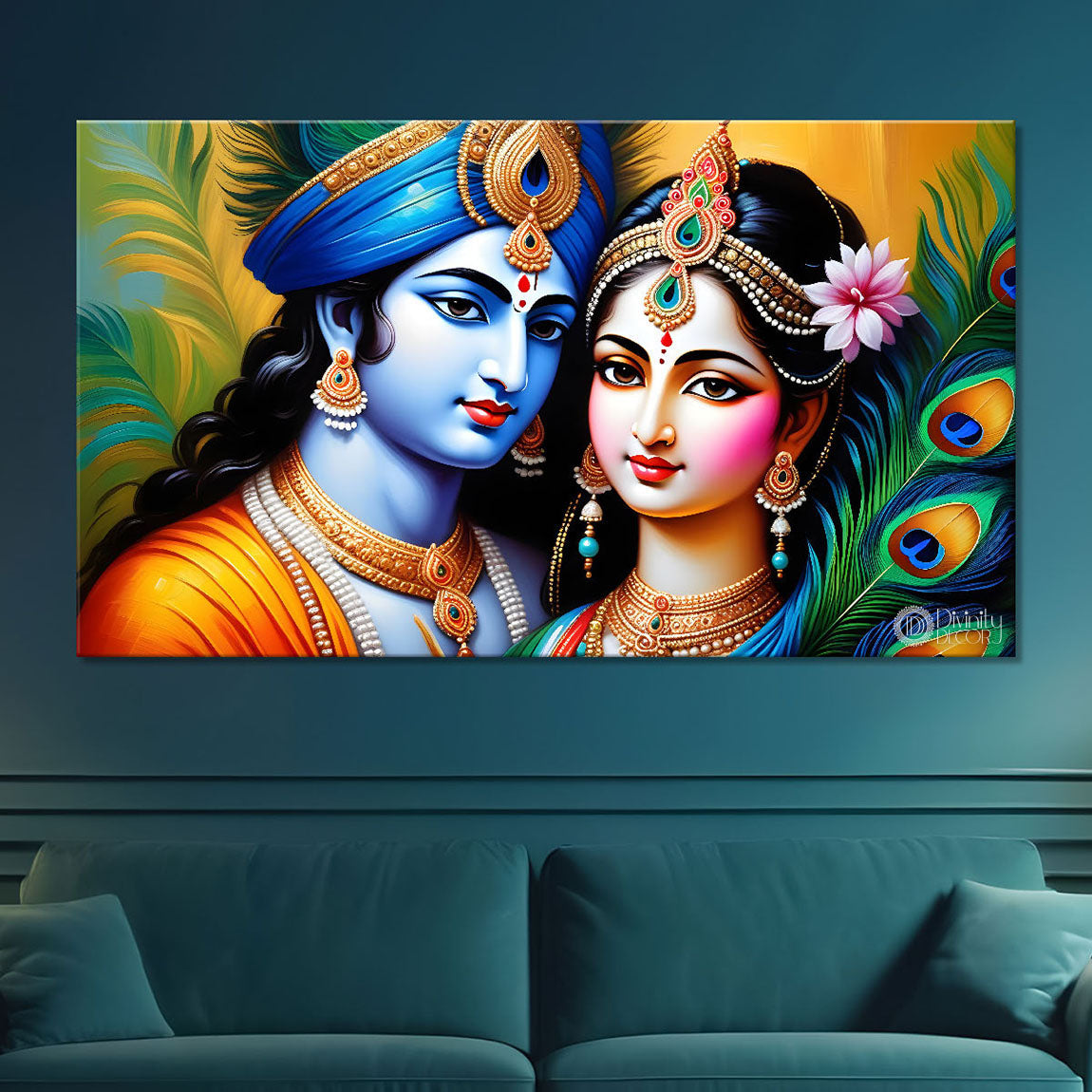 Blue face of Krishna and Radha with yellow background painting Canvas Painting - Design - Krishna-130