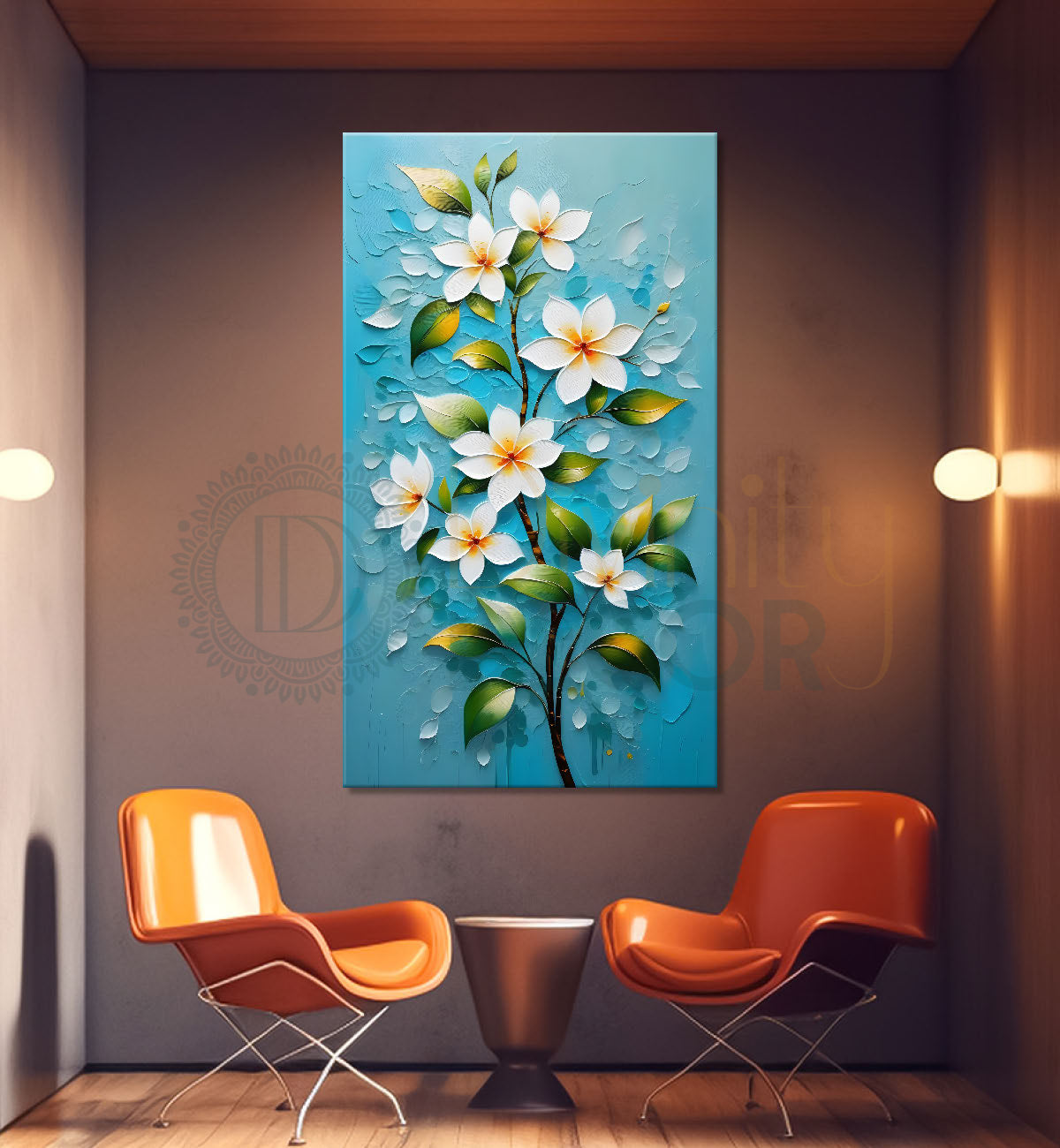 White flowers in sky blue textured background painting- Flower-V-130
