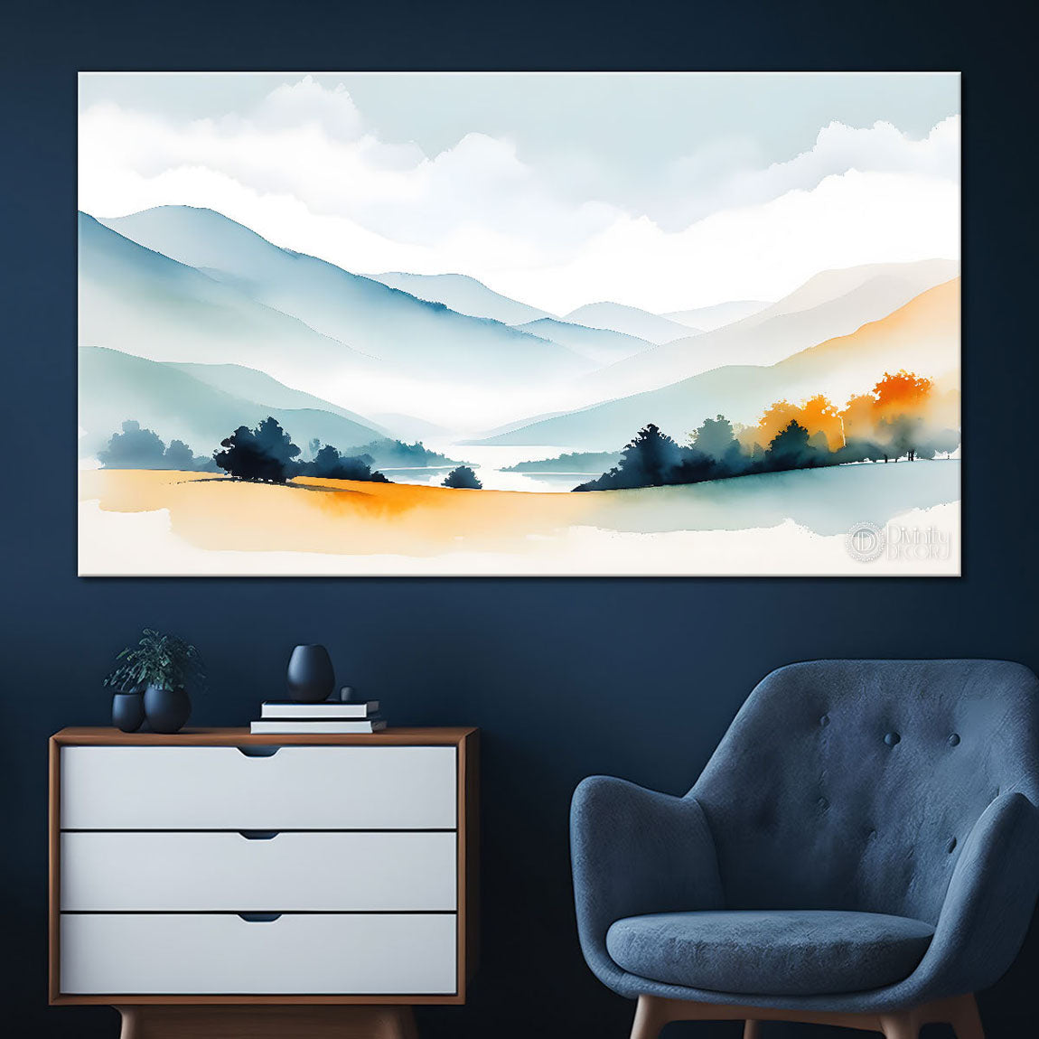 Mountains with trees in textured water color painting Canvas Painting - Nature Art -130