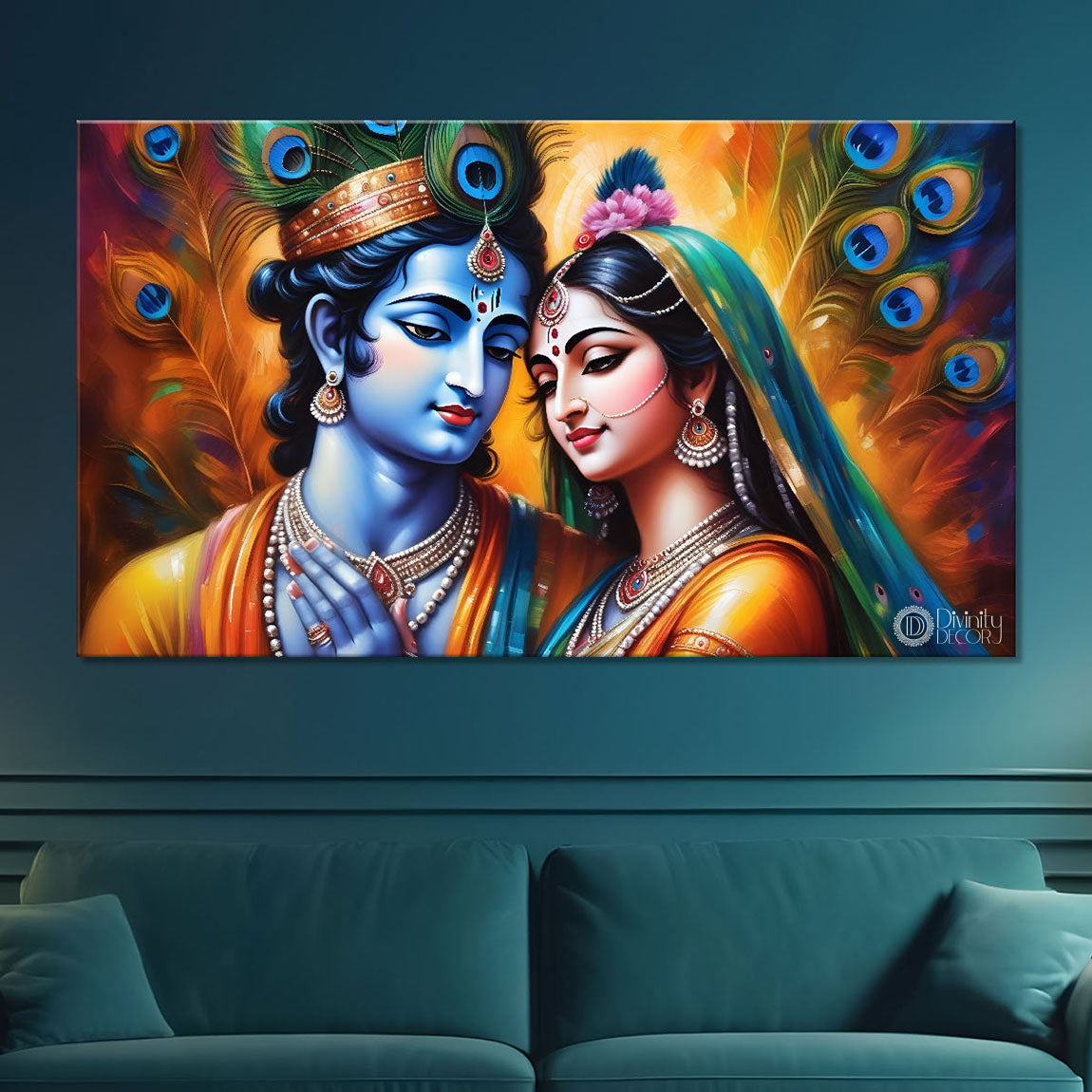 Blue face of Krishna and Radha with yellow and peacock feather background painting Canvas Painting - Design - Krishna-131