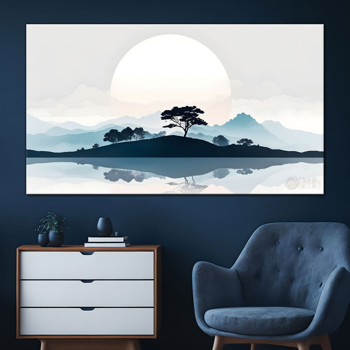 Mountains with trees and river in sunset in textured water color painting Canvas Painting - Nature Art -131