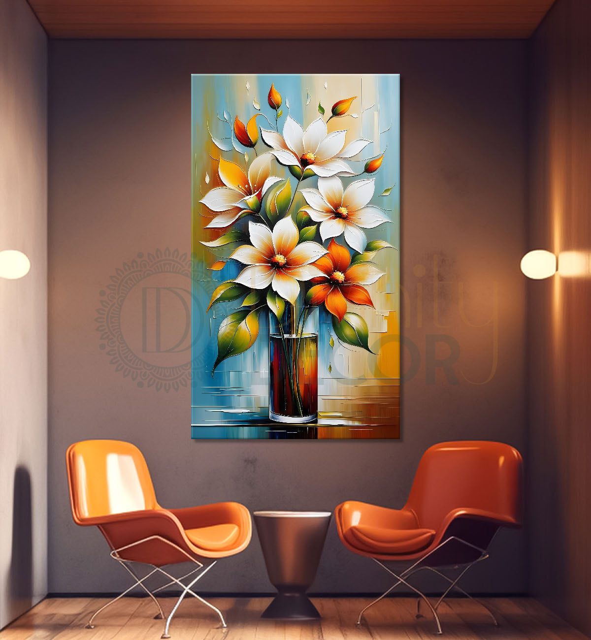 White and orange flower in colourful textured painting- Flower-V-131