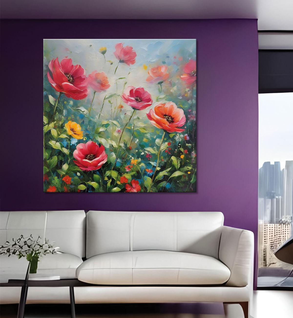 Flowers in textured painting  24X24- Nature Art -S-131