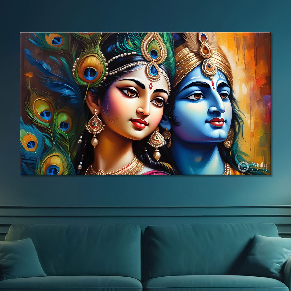 Blue face of Krishna and Radha with yellow and peacock feather background painting Canvas Painting - Design - Krishna-132