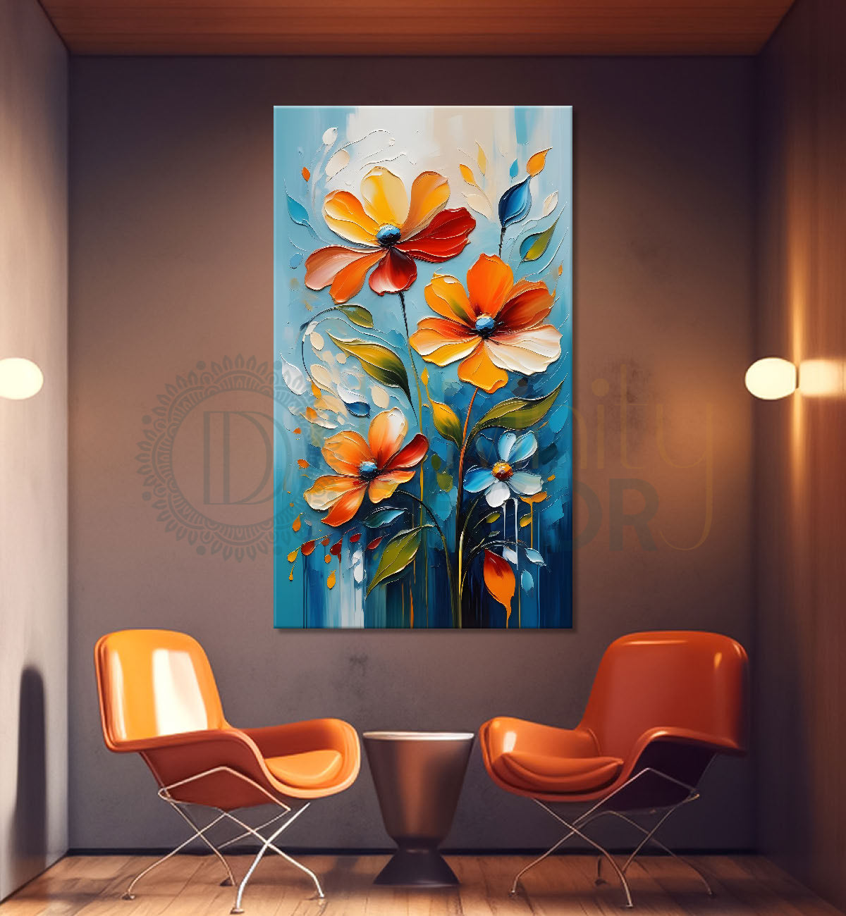 Orange flower in colourful textured painting- Flower-V-132